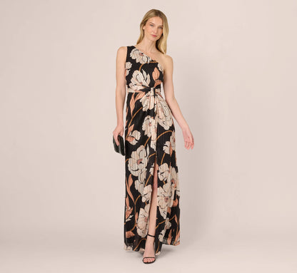 One Shoulder Floral Ribbon Stripe Gown In Black Multi