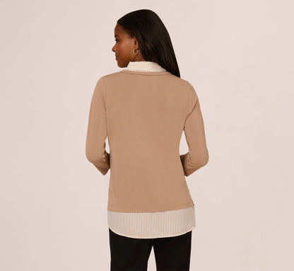 Three Quarter Sleeve Sweater With Button Down Accents In Cocoa W  Cocoa Light Stripe