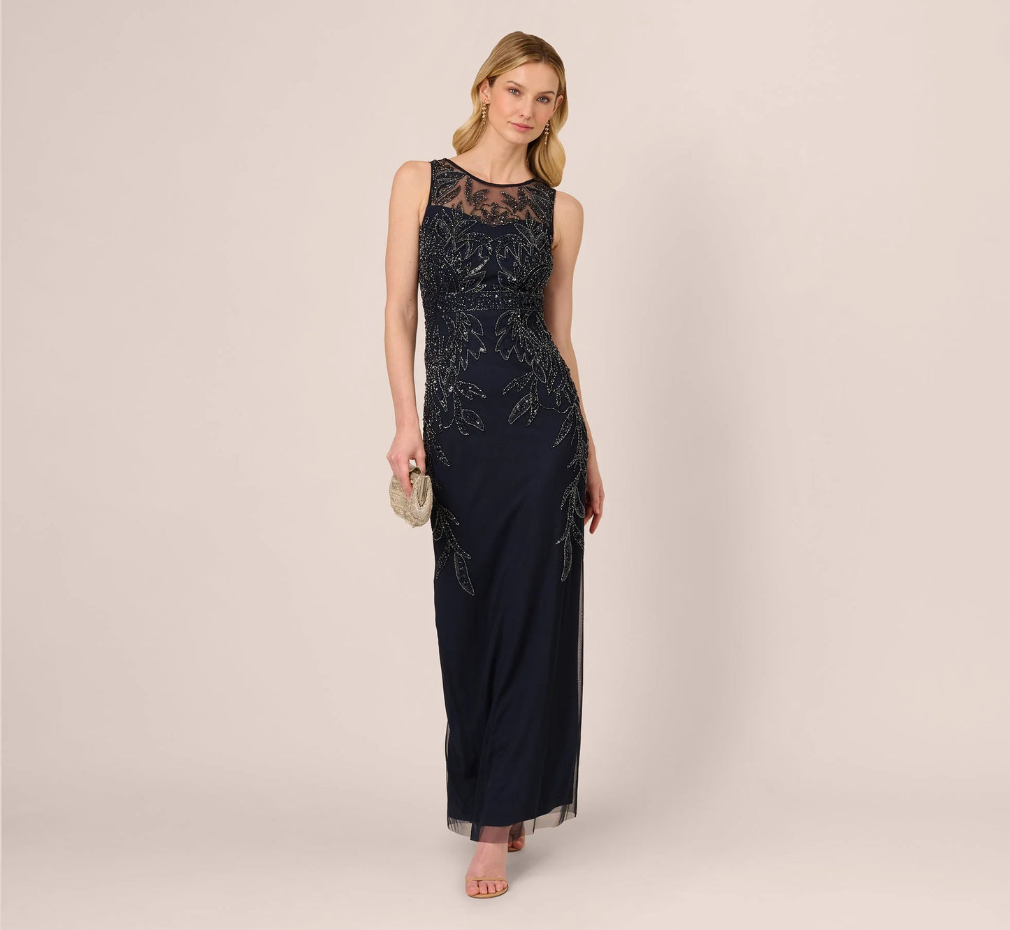 Adrianna Papell Hand-Beaded Sleeveless Slim Column Gown In Midnight