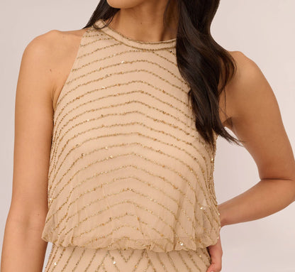 Art Deco Beaded Blouson Dress With Halter Neckline In Champagne Gold