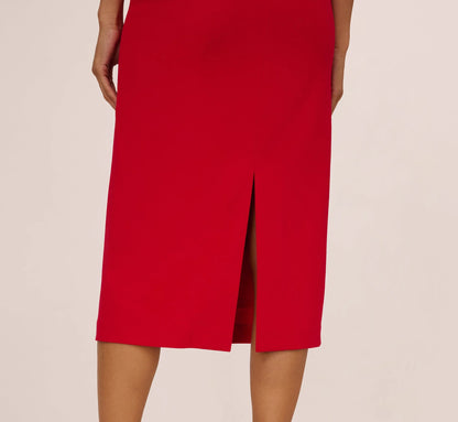 Sequin Shoulder Crepe Midi Sheath Dress In Red