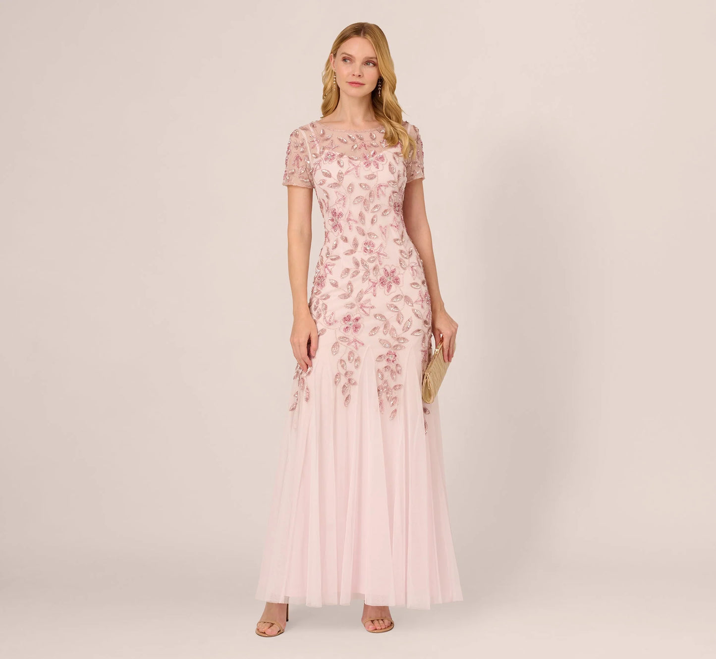 Hand Beaded Short Sleeve Floral Godet Gown In Blush Pink
