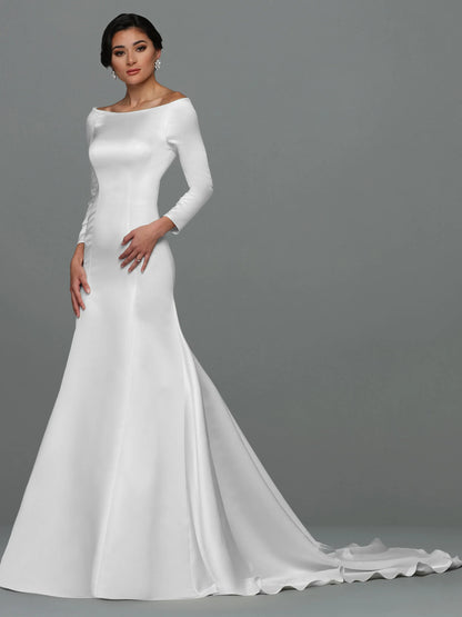 SATIN FIT AND FLARE WEDDING DRESS WITH LONG SLEEVES