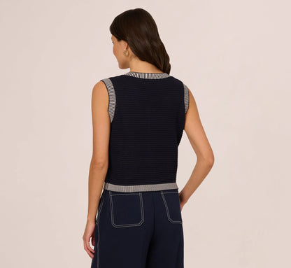 Striped Trim Cardigan Sweater Vest In Navy Ivory