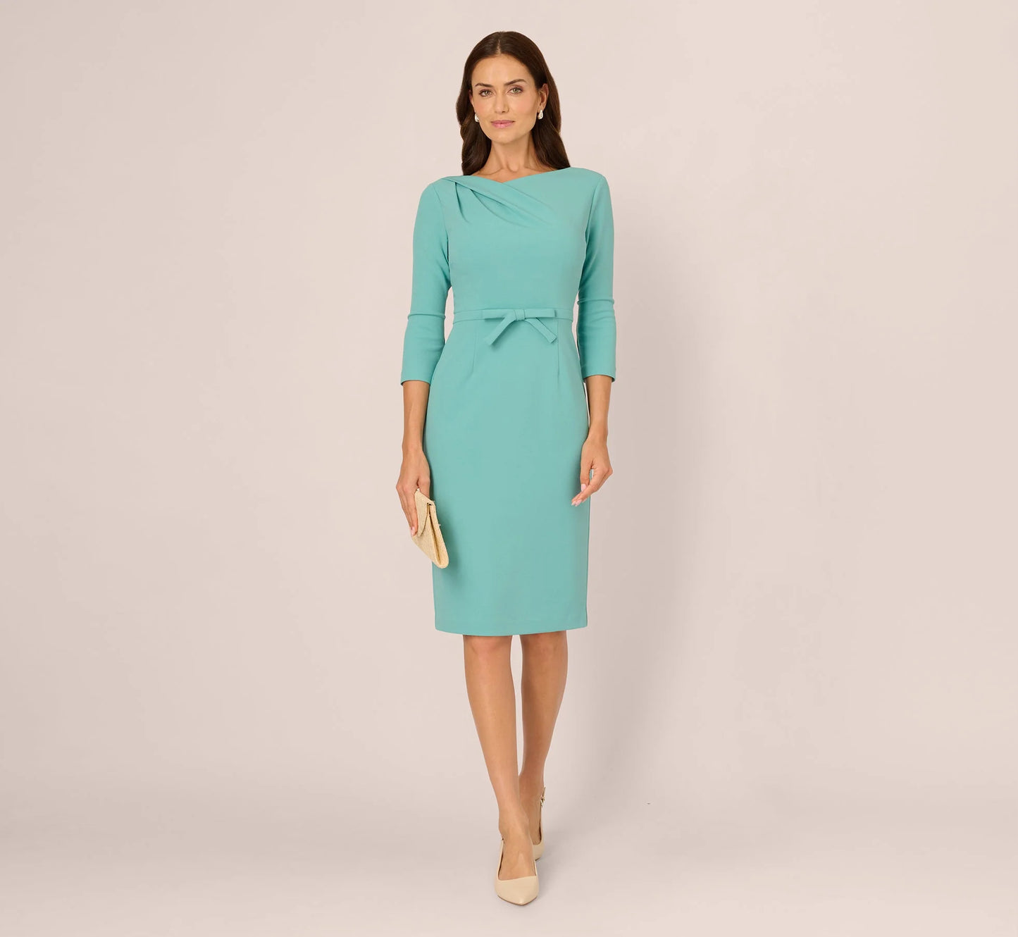 Three Quarter Sleeve Drape Collar Sheath Dress In Smoky Jade