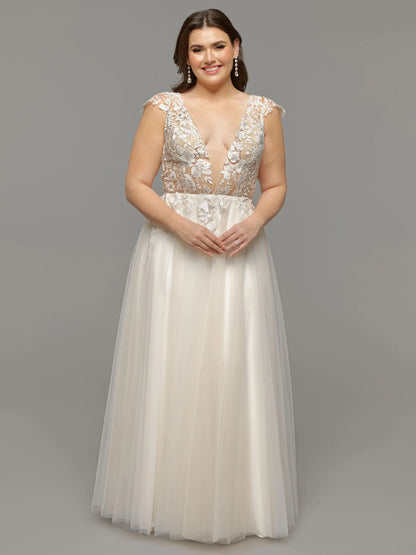 A LINE TULLE CAP SLEEVE WEDDING DRESS WITH LACE