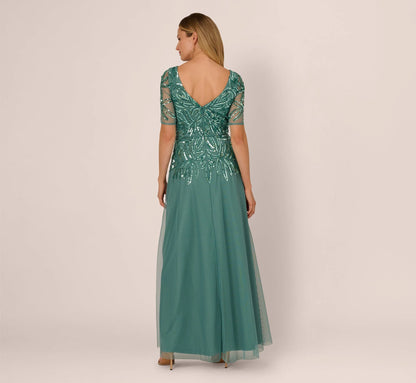 Beaded Mesh Long Dress In Green Slate