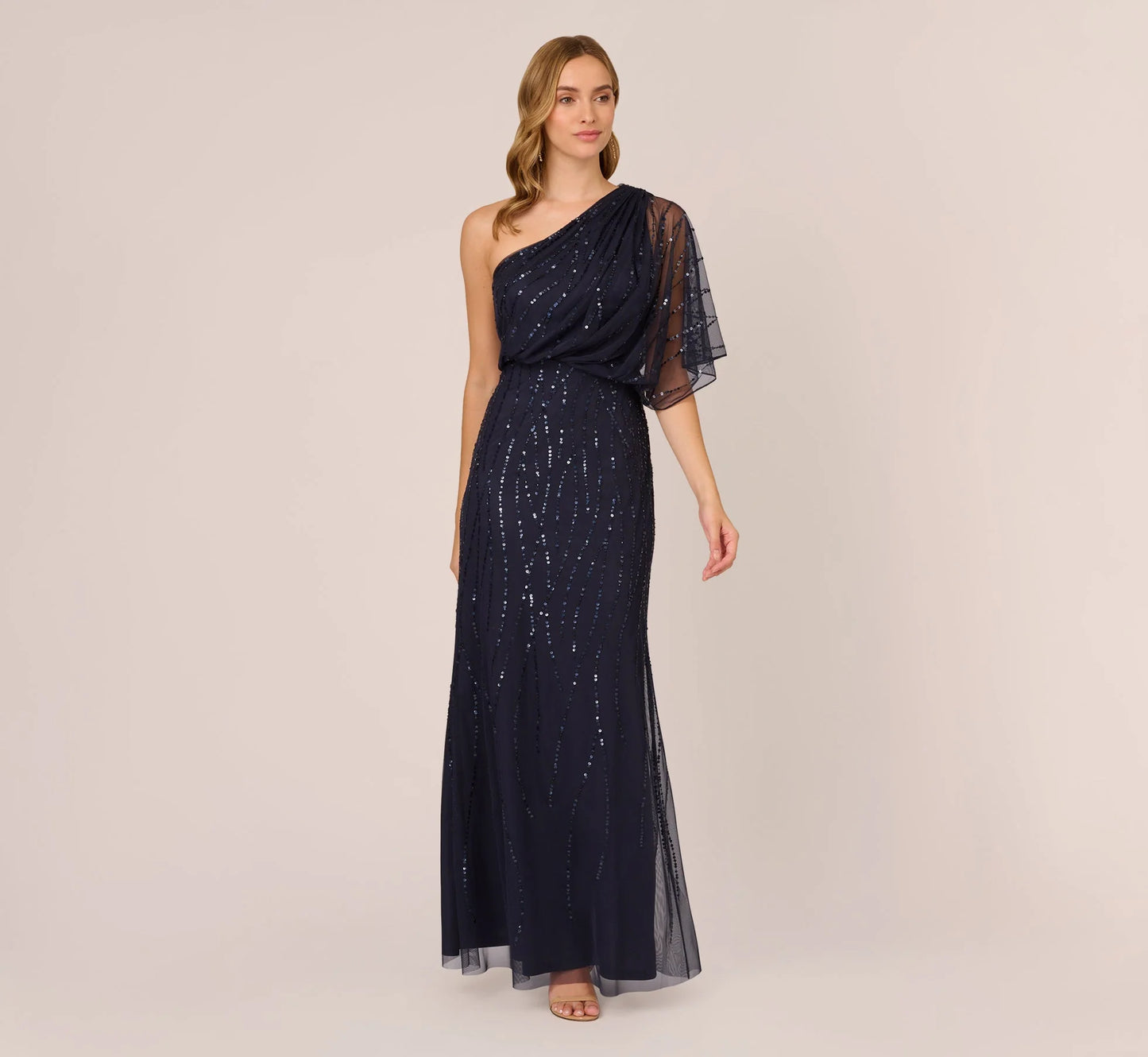 Draped One Shoulder Dress With Sequin Detail In Dusty Navy