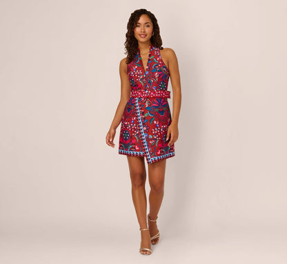 Sleeveless Paisley Wrap Skirt Short Dress In Brown Multi