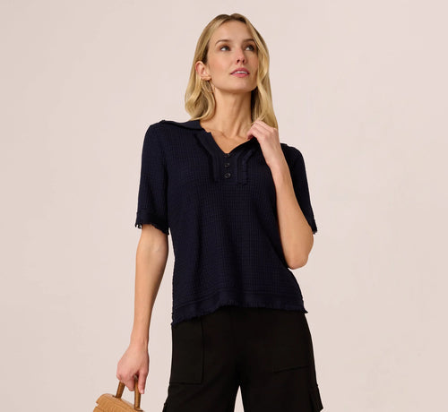 Short Sleeve Waffle Weave Polo Shirt In Navy