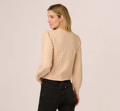 Long Sleeve Scalloped Pointelle Cardigan Sweater In Heather Fawn