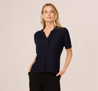 Short Sleeve Waffle Weave Polo Shirt In Navy