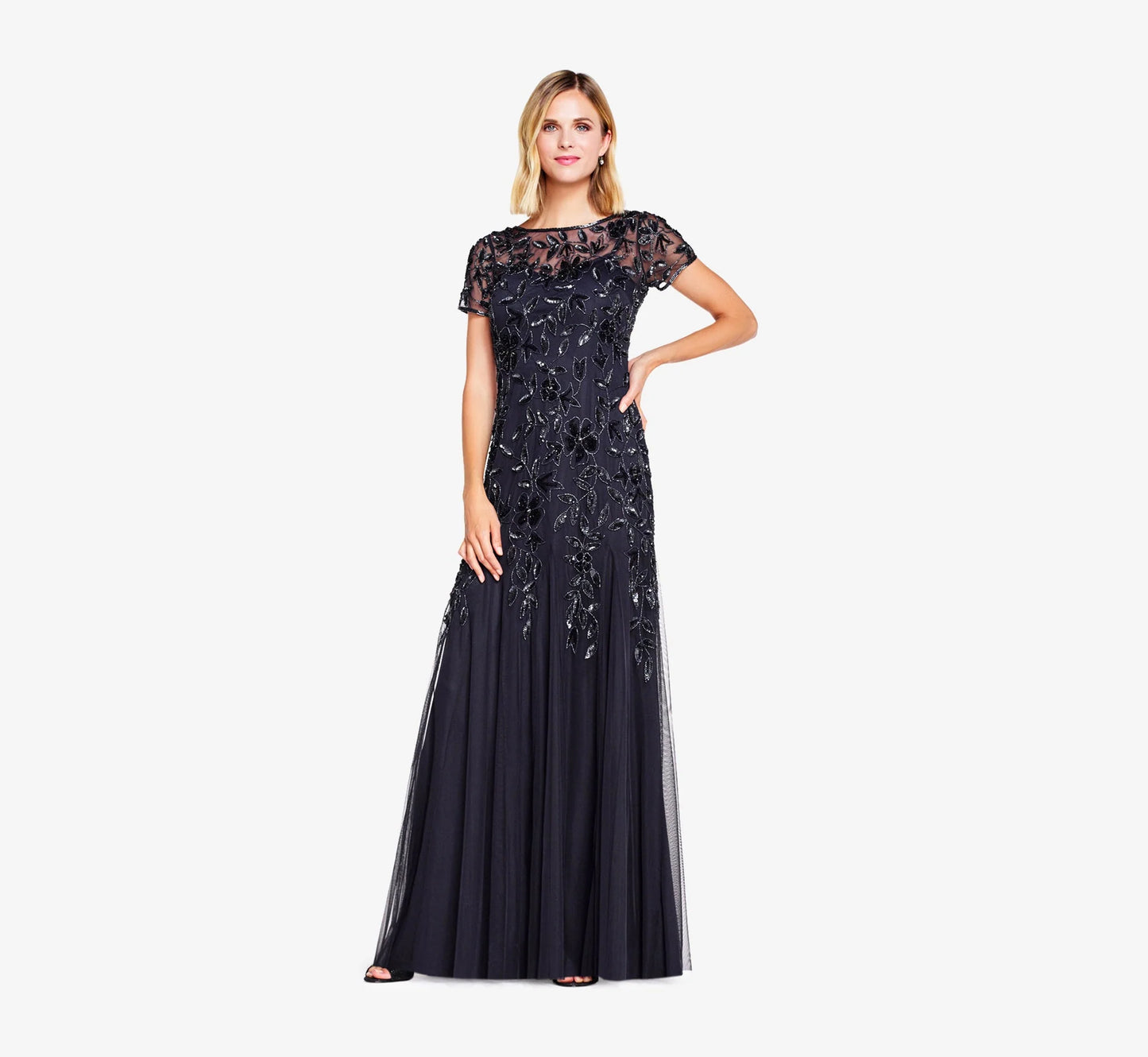 Hand Beaded Short Sleeve Floral Godet Gown In Twilight