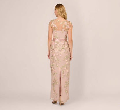 Short Sleeve Floral Embroidered Gown With Ribbon Tie Waist In Blush Nude Multi