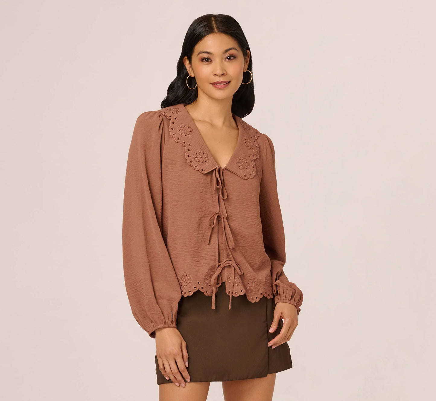 Long Sleeve Embroidered Eyelet Top In Acorn