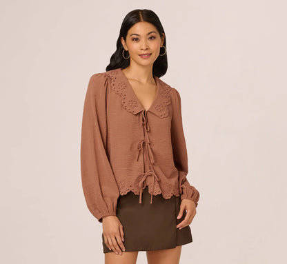 Long Sleeve Embroidered Eyelet Top In Acorn