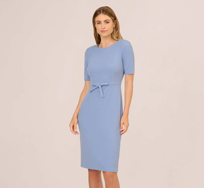 Short Sleeve Bow Waist Sheath Dress In French Blue