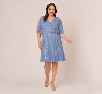 Plus Size Hand Beaded Illusion Faux Wrap Short Cocktail Dress In French Blue