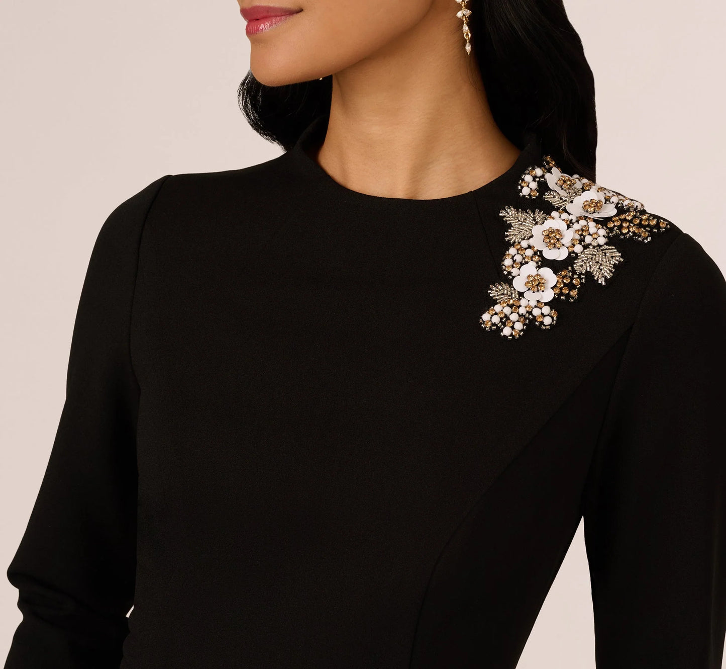 Three Quarter Sleeve Floral Applique Sheath Dress In Black