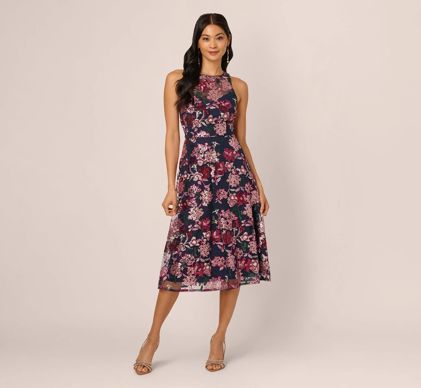 Sleeveless Illusion Sequin Midi Dress In Midnight Multi