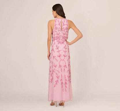 Sleeveless Blouson Mermaid Gown With Jasmine Beading In Pink Lace