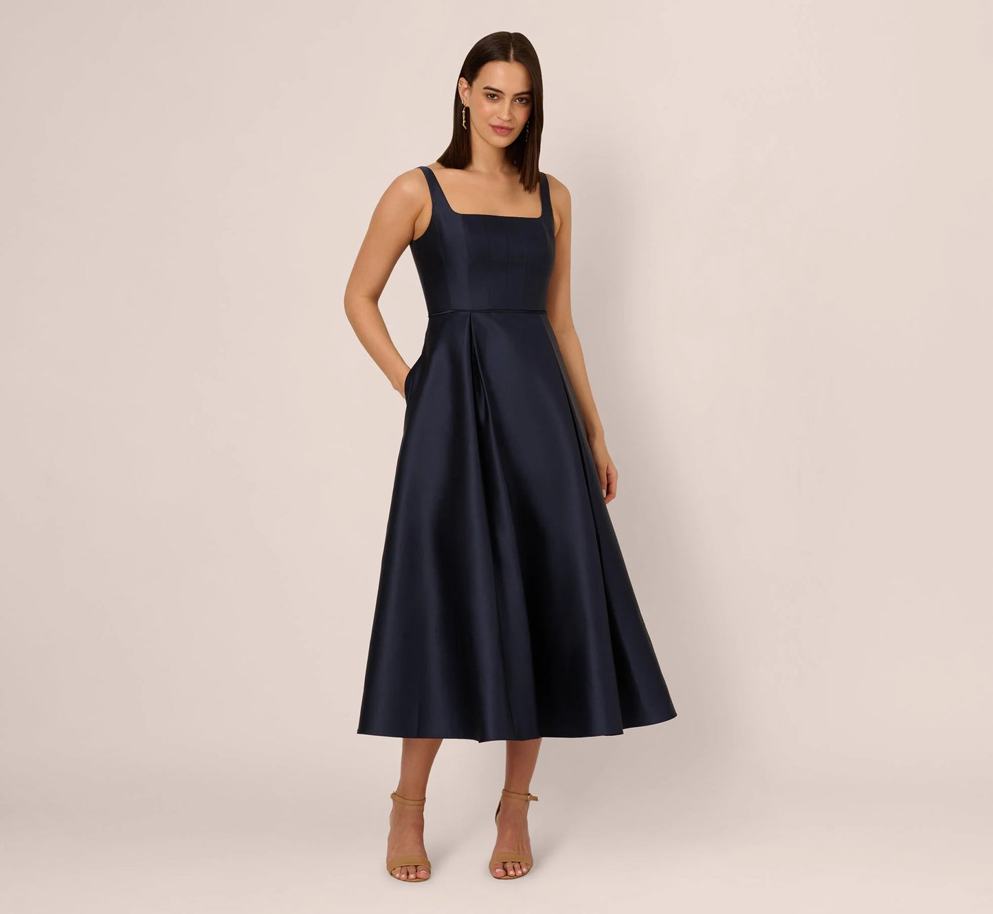 Mikado Sleeveless Square Neck Midi Dress In Midnight