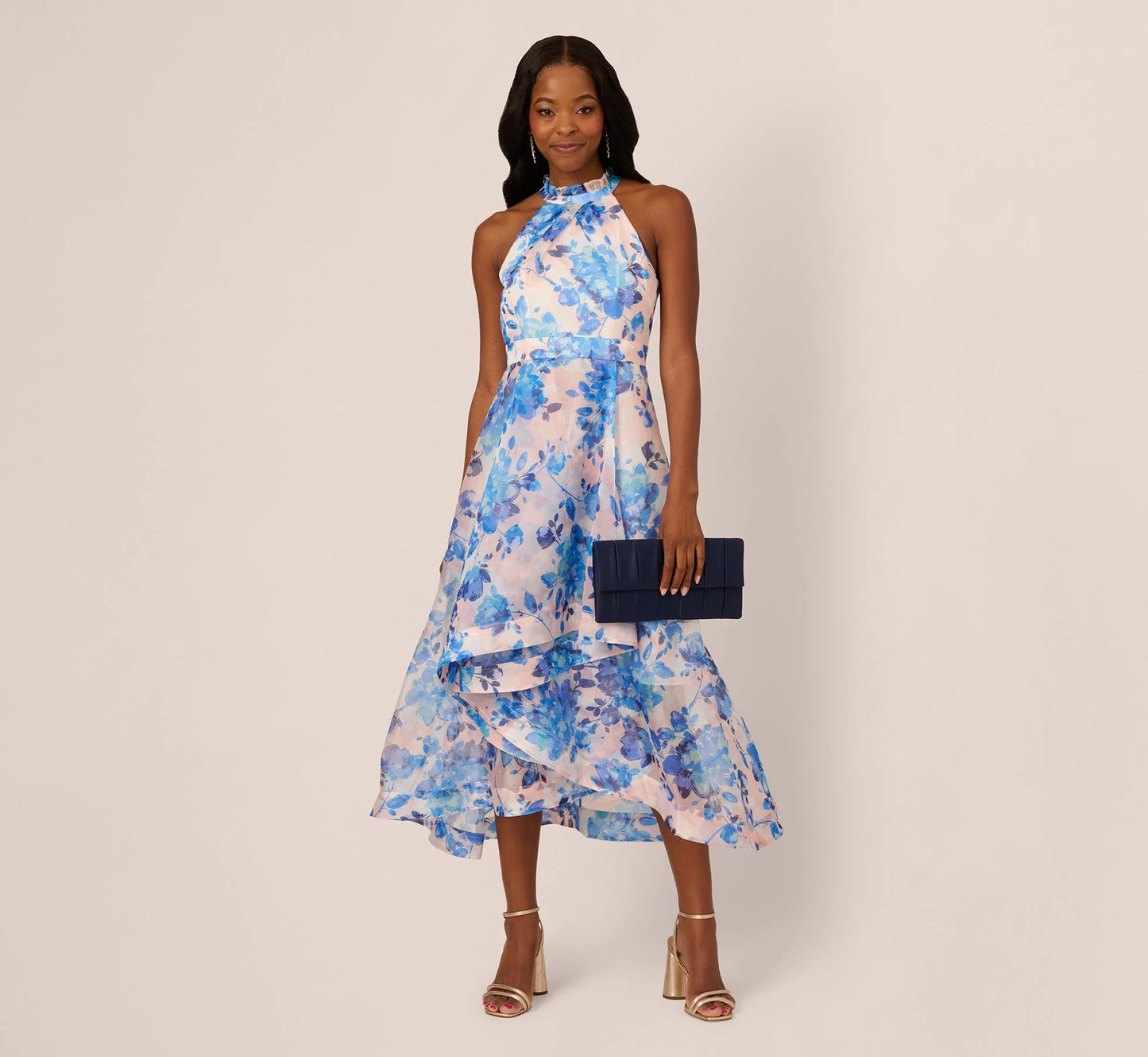 Sleeveless Floral Organza High Low Dress In Blush Blue Multi
