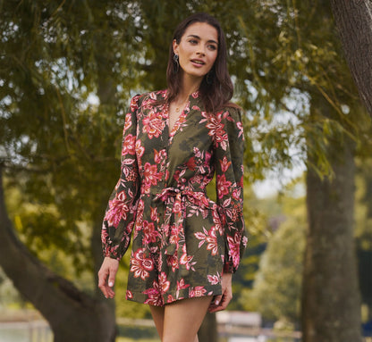 Bishop Sleeve Button Front Floral Romper In Olive Multi