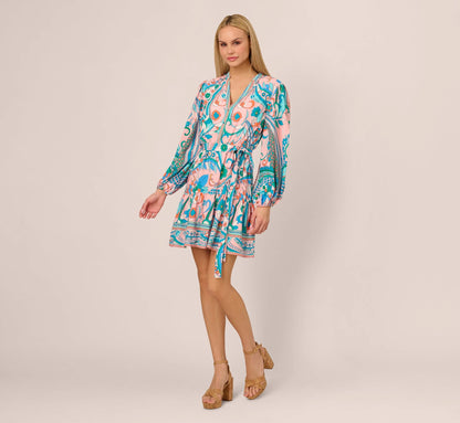 Long Sleeve Retro Printed A Line Dress In Peach Multi