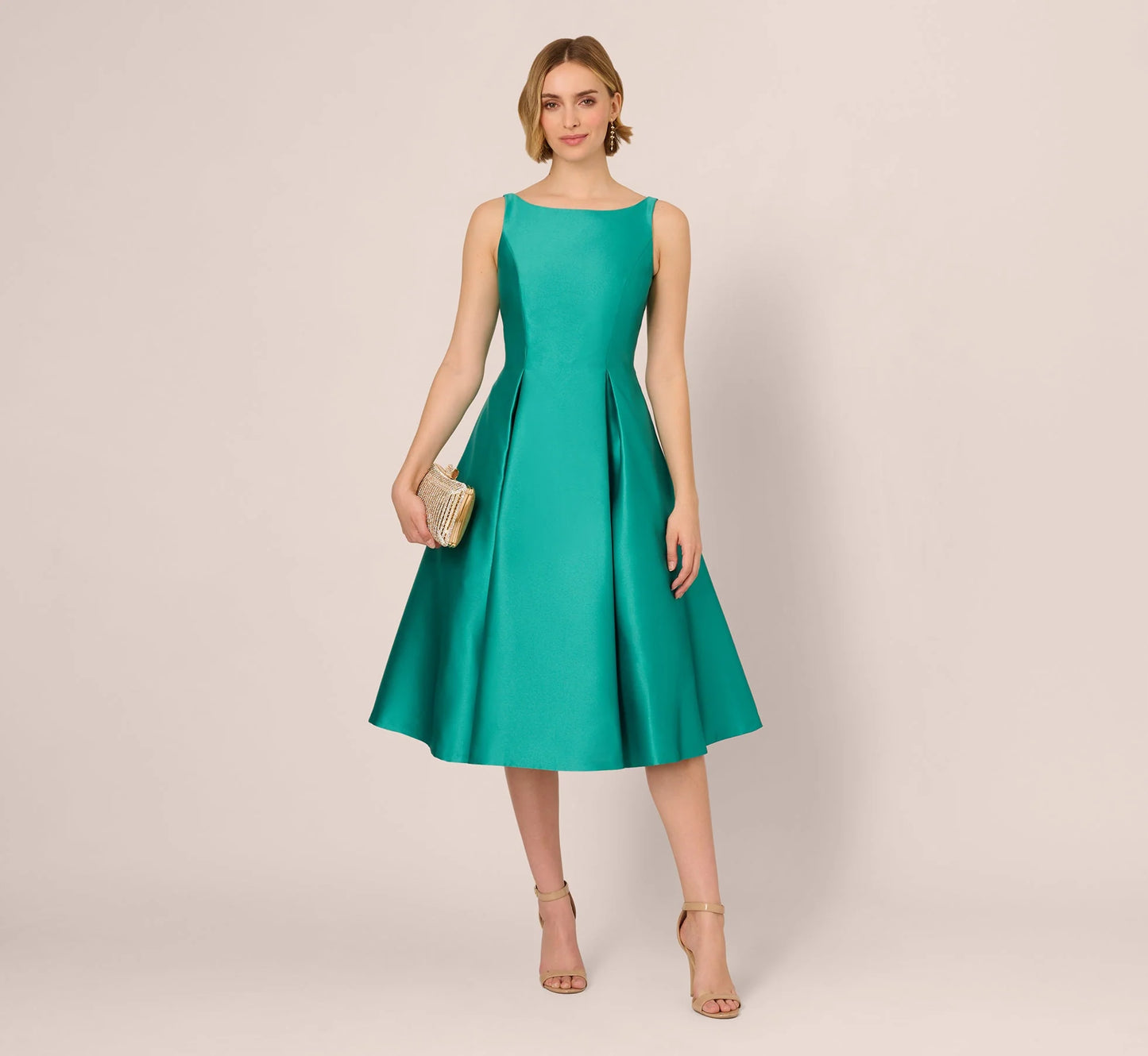 Sleeveless Mikado Fit And Flare Midi Dress With V-Back In Botanic Green
