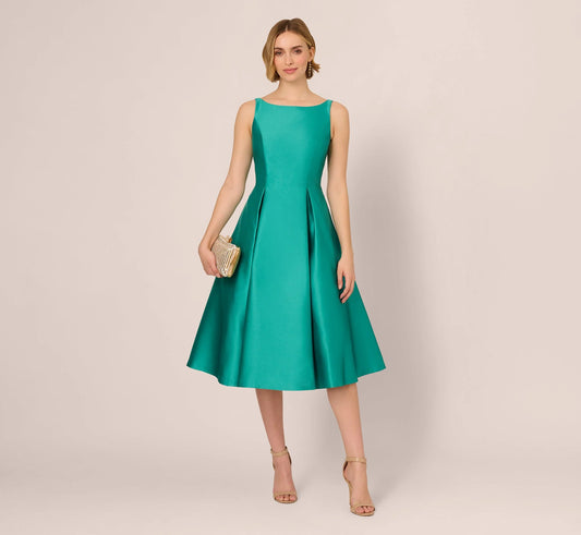 Sleeveless Mikado Fit And Flare Midi Dress With V-Back In Botanic Green