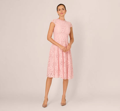 Cap Sleeve Pearly Lace Midi Dress In Blush Whisper