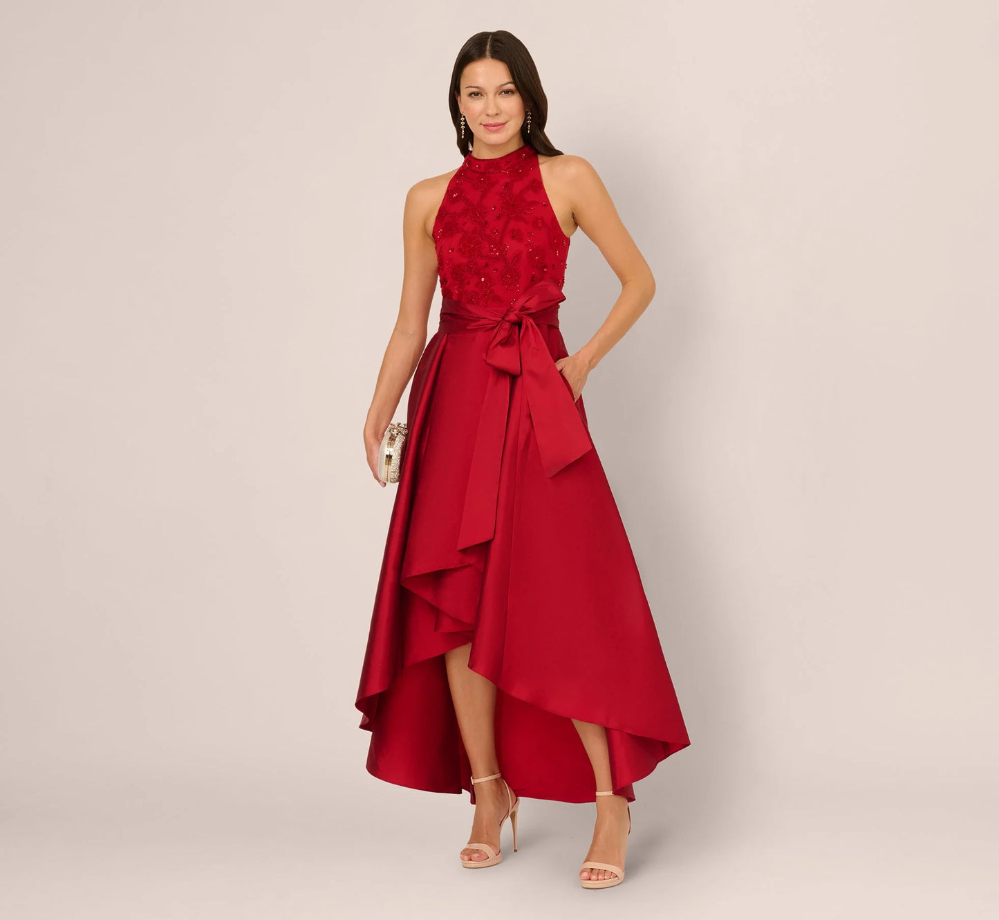 Sleeveless Beaded Taffeta High Low Combo Gown In Red