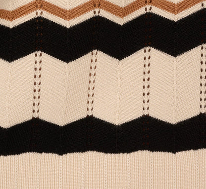 Short Sleeve Pointelle Stripe Sweater In Cream Black Camel