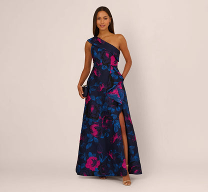 One Shoulder Floral Jacquard A Line Gown In Navy Orchid