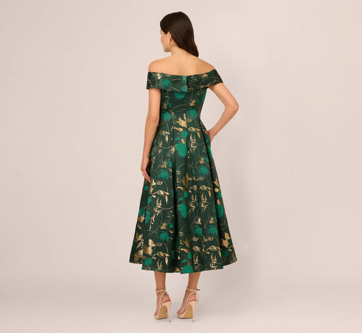Off Shoulder Metallic Jacquard Midi Dress In Hunter Gold