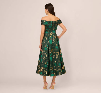 Off Shoulder Metallic Jacquard Midi Dress In Hunter Gold