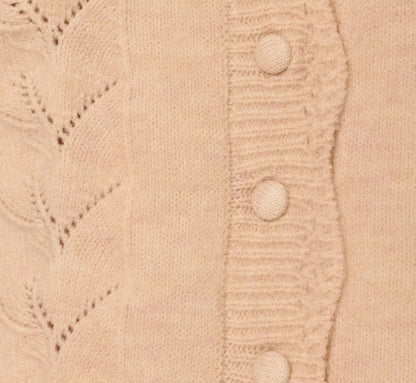 Long Sleeve Scalloped Pointelle Cardigan Sweater In Heather Fawn