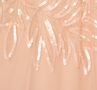 Short Sleeve Sequin Bead Midi Dress In Blush