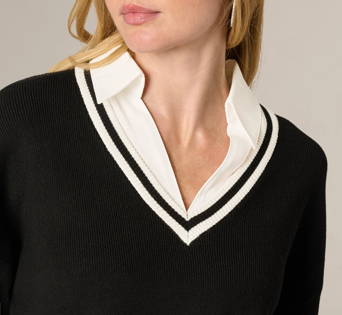 Long Sleeve Drop Shoulder Twofer Sweater In Black Ivory