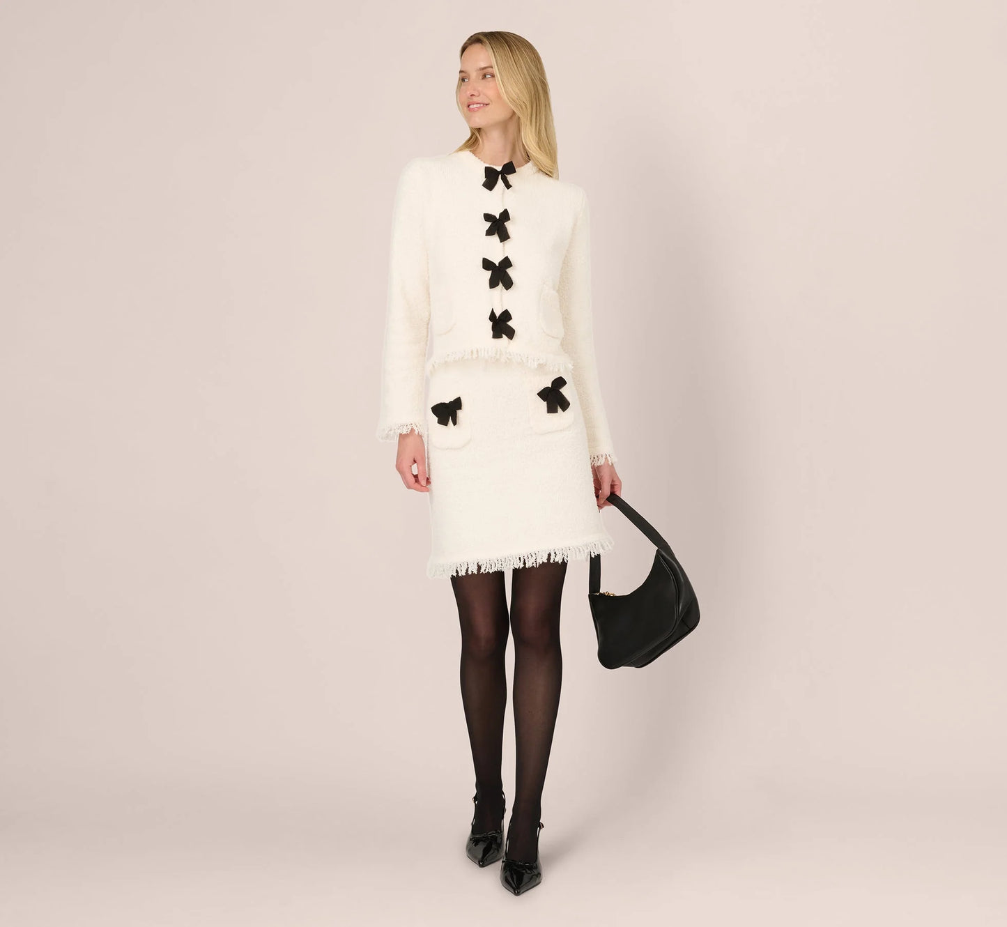 Chenille Boucle Bow Skirt In Ivory Black