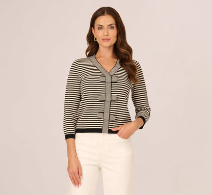 Three Quarter Sleeve Bow Pullover Sweater In Cream Black