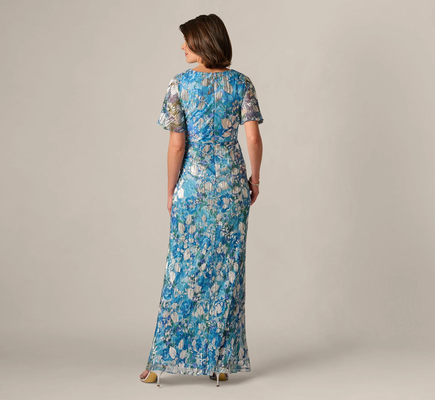 Flutter Sleeve Crinkle Foil Floral Gown In Blue Multi