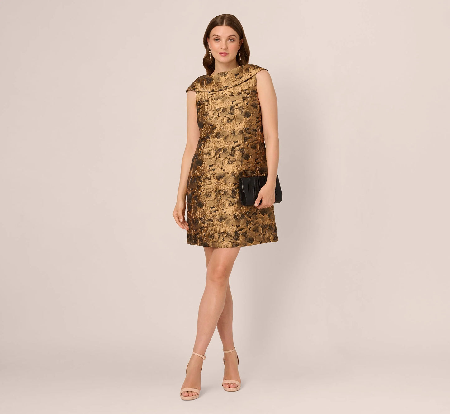 Sleeveless Jacquard Roll Collar Shift Dress In Gold Black