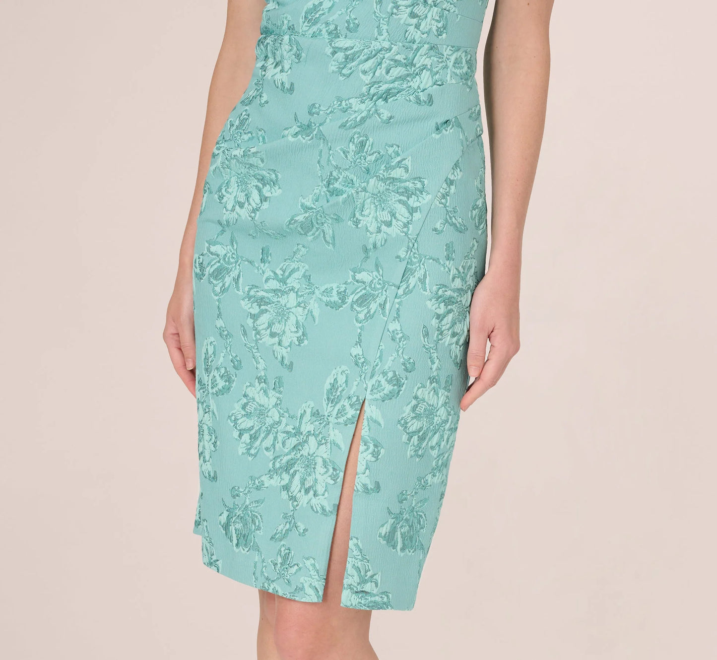 Cap Sleeve Floral Jacquard Bow Midi Dress In Teal