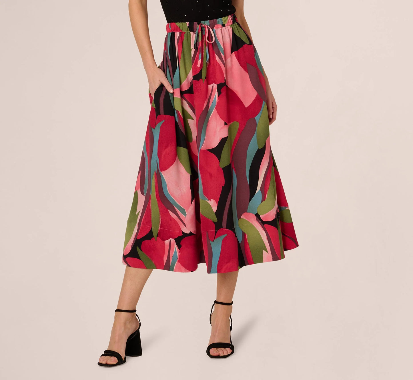 Printed A Line Drawstring Midi Skirt In Mosiac Leaves