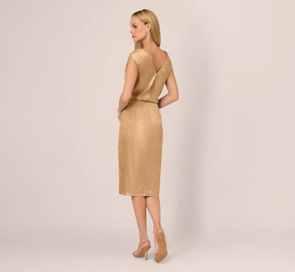 Foil Blouson Midi Dress With Faux Wrap Skirt In Light Gold