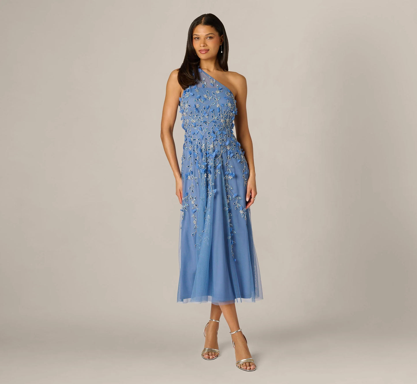 One Shoulder 3D Floral Beaded Ankle Dress In French Blue