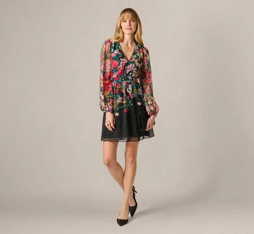 Long Sleeve Wildflower Print Short Dress In Black Multi