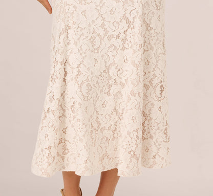 Cap Sleeve Lace Midi Dress In Ivory Nude